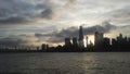 Sunrise above Downtown Manhattan in New NY across Hudon River - View from Liberty State Park in Jersey City, NJ. Royalty Free Stock Photo