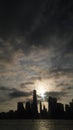 Sunrise above Downtown Manhattan in New NY across Hudon River - View from Liberty State Park in Jersey City, NJ. Royalty Free Stock Photo