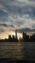 Sunrise above Downtown Manhattan in New NY across Hudon River - View from Liberty State Park in Jersey City, NJ. Royalty Free Stock Photo