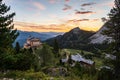 Sunrise above king`s house on Schachen from king Ludwig II and alpine hut Schachenhaus Royalty Free Stock Photo