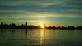 Sunrise above Manhattan, New York, NY - View across Hudson River from Pier A Park in Hoboken, NJ. Royalty Free Stock Photo