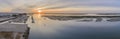 Sunrise aerial seascape view of Olhao Marina, waterfront to Ria Formosa natural park. Royalty Free Stock Photo