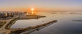 Sunrise aerial seascape view of Olhao salt marsh Inlet, waterfront to Ria Formosa natural park. Algarve. Royalty Free Stock Photo