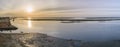 Sunrise aerial seascape view of Olhao salt marsh Inlet, waterfront to Ria Formosa natural park. Algarve. Royalty Free Stock Photo