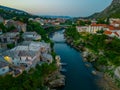 Sunrise aerial view of the old town of Mostar, Bosnia and Herzeg Royalty Free Stock Photo