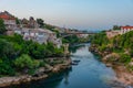 Sunrise aerial view of the old town of Mostar, Bosnia and Herzeg Royalty Free Stock Photo