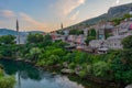 Sunrise aerial view of the old town of Mostar, Bosnia and Herzeg Royalty Free Stock Photo