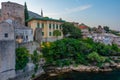 Sunrise aerial view of the old town of Mostar, Bosnia and Herzeg Royalty Free Stock Photo