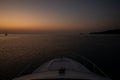 Before sunrise in Agia Kyriaki beach, Kyparissi Laconia, Peloponnese, Zorakas Bay, Greece in summer view from yacht.