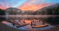 Sunrise at alpine lake Synevyr, Carpathian mountains, amazing nature landscape, outdoor travel background Royalty Free Stock Photo