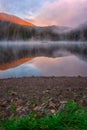 Sunrise at alpine lake Synevyr, Carpathian mountains, amazing nature landscape, outdoor travel background Royalty Free Stock Photo