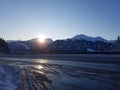 Sunrise alps mountains road sunny day