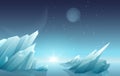 Sunrise on another alien planet landscape with ice rocks, planets, stars at sky. Galaxy space nature panorama.