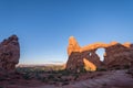 Sunrise in Arches National Park at Turret Arch. blue sky Royalty Free Stock Photo