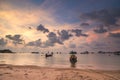 Sunrise Asia harbor: boats, ships on ocean gulf. Amazing Thailand pier water transport at sand beach