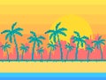 Sunrise on the beach with palm trees in 80s pixel art style. Miami sunrise, view of the city from the beach. 8-bit sun synthwave