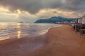 Sunrise on the beach of Zarautz, Basque Country, way of the St. Royalty Free Stock Photo
