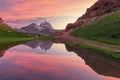 Sunrise of a beautiful landscape with the Midi d`Ossau reflectin