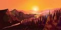 Sunrise in beautiful mountains with river and forest. Vector illustration for your design Royalty Free Stock Photo