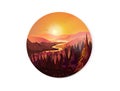 Sunrise in beautiful mountains with river and forest. Vector illustration for your design Royalty Free Stock Photo