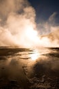 Sunrise behind fumaroles at an altitude of 4300m, in El Tatio Geysers at the Atacama desert in Chile