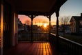 sunrise behind victorian house, porch silhouette highlighted Royalty Free Stock Photo