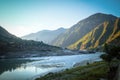 Sunrise in Besham with a view of mountains and Indus river. Royalty Free Stock Photo