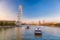 Sunrise with Big Ben, Palace of Westminster, London Eye, Westminster Bridge, River Thames, London, England, UK. Royalty Free Stock Photo