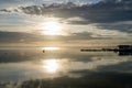 Sunrise Biscarrosse pontoon pier in sunny sunset in lake