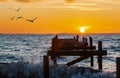 Sunrise at the blue sea with large waves and free flying birds at a broken jetty