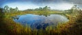 Sunrise in the bog. Icy cold marsh. Frosty ground. Swamp lake and nature. Freeze temperatures in moor. Muskeg natural environment.