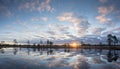 Sunrise in the bog. Icy cold marsh. Frosty ground. Swamp lake and nature. Freeze temperatures in moor. Muskeg natural environment.