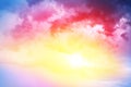 Sunrise on bright blue sky & colorful clouds background, sunset landscape, yellow sunlight, red & purple cloudy skies, fantastic Royalty Free Stock Photo