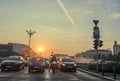 Sunrise in Bucharest city, the shore of Dambovita river, downtown, Romania