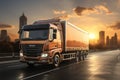 Sunrise cargo journey 3D rendered delivery truck in rear view, cityscape, portrays efficient logistics