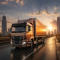 Sunrise cargo journey 3D rendered delivery truck in rear view, cityscape, portrays efficient logistics
