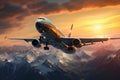 Sunrise Cargo Plane Flying over Mountain Range. AI Royalty Free Stock Photo