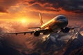 Sunrise Cargo Plane Flying over Mountain Range. AI Royalty Free Stock Photo