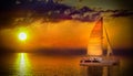 Sunrise in Caribbean with catamaran in front of view 3d rendering