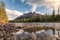 Sunrise on Castle mountain with bow river in autumn at Banff national park Royalty Free Stock Photo