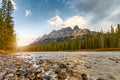 Sunrise on Castle mountain and bow river at Banff national park Royalty Free Stock Photo