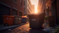 Sunrise Casts Light on an Overflowing Dumpster near a High-End Restaurant. Generative AI
