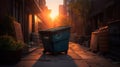 Sunrise Casts Light on an Overflowing Dumpster near a High-End Restaurant. Generative AI