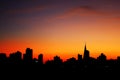 Sunrise with city silhouette showing the buildings and the catheral in Maringa, Parana, Brazil Royalty Free Stock Photo