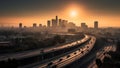 sunrise cityscape skyline view of downtown Los Angeles style western city, neural network generated photorealistic image Royalty Free Stock Photo