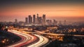 sunrise cityscape skyline view of downtown Los Angeles style western city, neural network generated photorealistic image Royalty Free Stock Photo