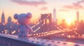 Sunrise Cityscape, Toy Bear on Bridge Royalty Free Stock Photo