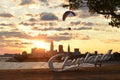 Sunrise with Cleveland skyline, Lake Erie, and paraglider