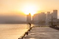 Sunrise on clouds and lake, with fisherman, Japan Royalty Free Stock Photo