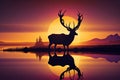 sunrise, with deer looking at the rising sun, silhouetting its antlers